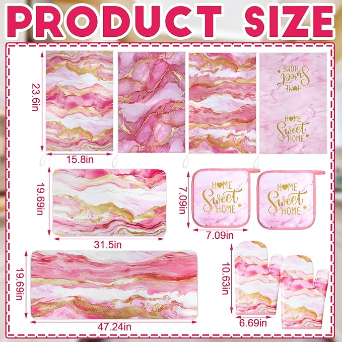 10 Pcs Christmas Marble Farmhouse Kitchen Decor Accessories Set Marble Kitchen Dish Towels Rugs Oven Mitts and Pot Holders Sets for Cooking Baking Daughter Mom Gift(Pink)