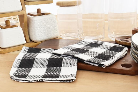 Waffle Weave Plaid Dish Cloths, 100% Cotton - 12 x 12 Inches, Ultra Soft Absorbent Quick Drying Dish Towels Buffalo Check Dish Rags for Kitchen, 8 Pack - Fall Thanksgiving - Black & White