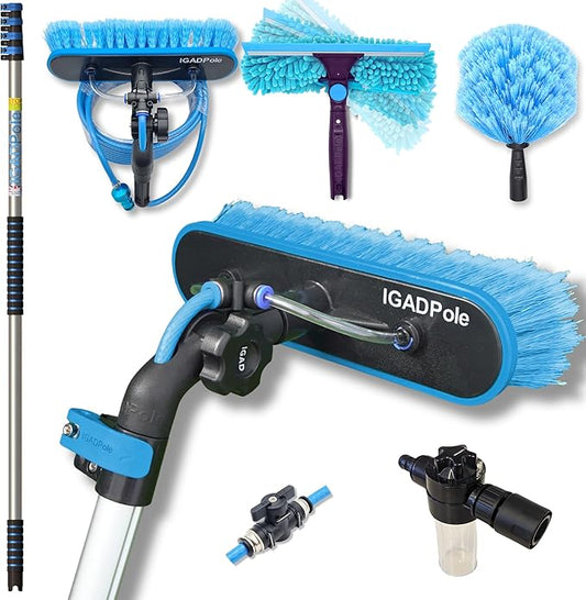 IGADPole Washing Kit: Water-fed Brush, Cobweb Duster and 10” Squeegee and Soap Dispenser, with 4-Stage Telescoping Pole 5-17ft Pole