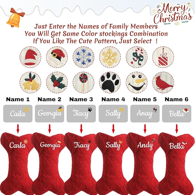 Personalized Christmas Stockings for Dogs,Custom Embroidered Name+Logo Xmas Knitted Bone Stockings,Holiday and Family Stocking for Fireplace Christmas Holiday Party Decoration 1-6Pack（Red）
