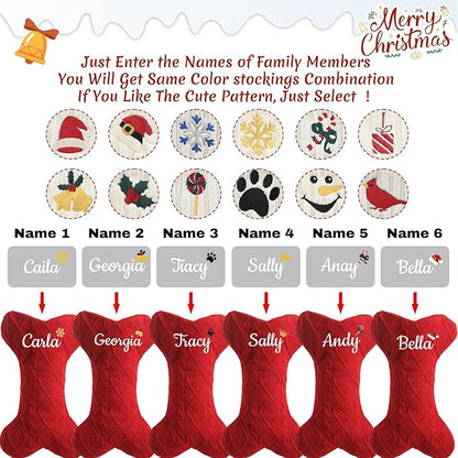Personalized Christmas Stockings for Dogs,Custom Embroidered Name+Logo Xmas Knitted Bone Stockings,Holiday and Family Stocking for Fireplace Christmas Holiday Party Decoration 1-6Pack（Red）