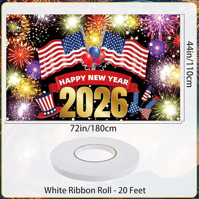 Happy New Year Banner 2026 72x44 Inch Illuminated Firework Design New Years Eve Party Decorations Holiday Celebration Banner Props Backdrop