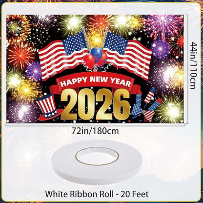 Happy New Year Banner 2026 72x44 Inch Illuminated Firework Design New Years Eve Party Decorations Holiday Celebration Banner Props Backdrop