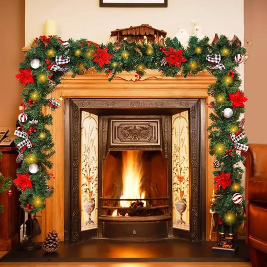 Christmas Garland with Lights,Pre-lit 9ft Christmas Decorations with 50 LED Lights,with Waterproof Battery Box,Indoor&Outdoor Use,for Stairs Fireplace Front Door Porch Home (Battery NOT Include)