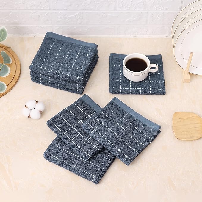 Mordimy 100% Cotton Terry Cloth Dish Cloths, Soft and Absorbent Checkered Dish Towels, Quick Drying Dish Rags for Washing Dishes, 12 Pack, 12 x 12 Inches, Grey
