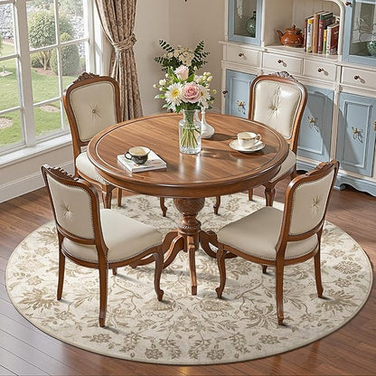 jinchan Classic Floral Round Rug 6ft, Vintage-Inspired Neutral Design 6’Circle Rug, Machine Washable Ultra-Thin Low-Pile Non-Slip Indoor Carpet for Bedroom Dining Room Living Room Entryway, Taupe