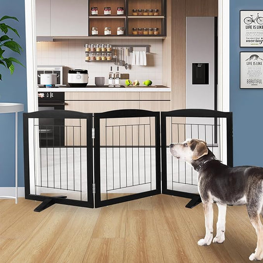 ZJSF Freestanding Dog Fence Indoor, Foldable Dog Gate for Doorways, Stairs or Hallways, Sturdy Wood Extra Wide Pet Gate with Support Feet for The House, Black, 24 "Height-3 Panels