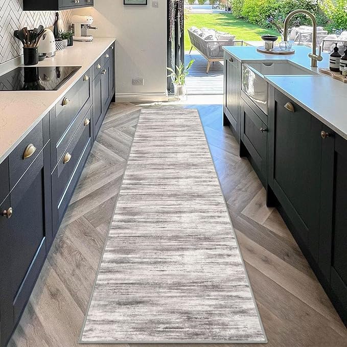 KOZYFLY Modern Abstract Kitchen Runner Rug, 2x10 Washable Rug Runner Non-Slip Soft Striped Hallway Runner Rugs, Grey Beige Print Carpet Runner for Entryway Bathroom Laundry Room Foyer