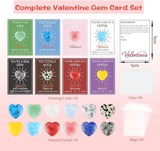 36 Pack Valentine’s Day Gifts for Kids, Valentine’s Day Cards with Heart-Shaped Crystal Gemstones for School Classroom Exchange, Valentine Party Favors&Goody Bag Fillers for Girls and Boys Ages 4–12