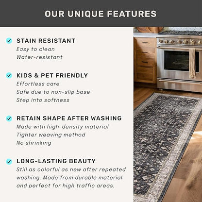 Dark Washable Long Runners for Hallways, 2'6"x8' Wide Kitchen Runner Rug, Entryway Indoor Rug, Non Slip Rubber Backing Boho Vintage Floor Decor, Ashen/Multi