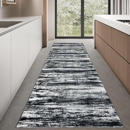 KOZYFLY 3x8 Area Rug Modern Ombre Area Rug for Bedroom, Washable Rug Non-Slip Soft Striped Living Room Rug, Black Navy Blue Grey Abstract Carpet for Laundry Nursery