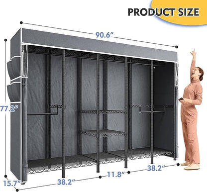 Raybee 90.6" W Clothes Rack with Cover Heavy Duty Clothing Racks for Hanging Clothes Portable Closet Loads 1200LBS Freestanding Garment Rack for Bedroom, Black
