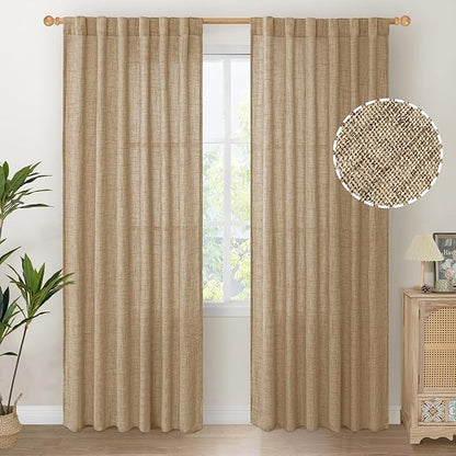 YoungsTex Toffee Linen Curtains 84 Inch Length 2 Panels for Farmhouse Living Room, Light Filtering Back Tab Burlap Textured Window Drapes for Bedroom Rod Pocket Rustic/Country, 52 X 84 Inch