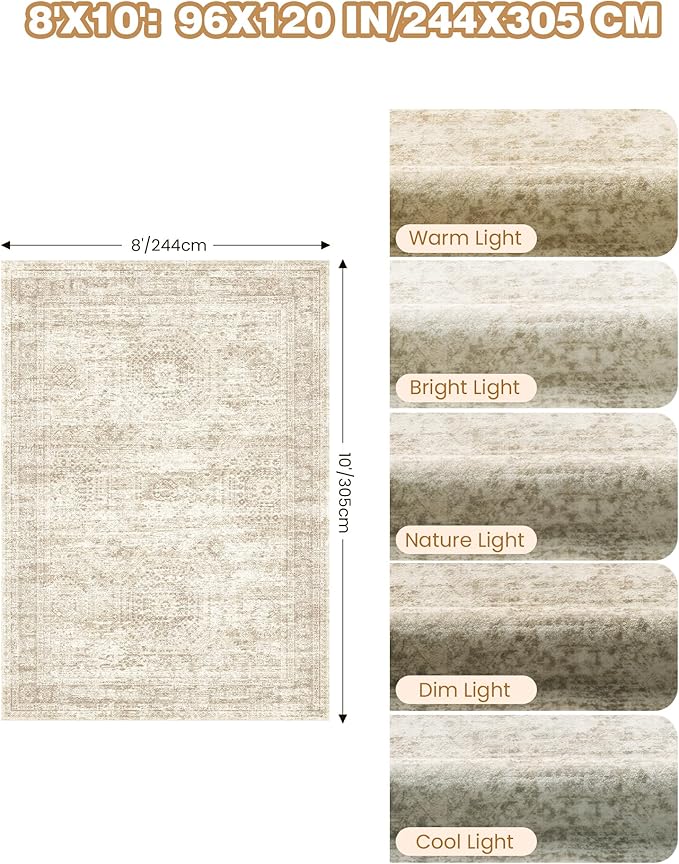 8x10 Area Rugs for Living Room, Non-Slip Backing Large Washable Rug for Nursery Room, Vintage Abstract Bedroom Rugs, Thin Indoor Home Decor Soft Farmhouse Rug (8'x10', Beige/Ivory)