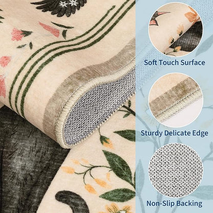 GarveeHome 4x6 Cat Washable Area Rug for Nursery Room, Mushroom Floral Beige Bedroom Rug Non Slip Low Pile Butterfly Carpet Stain Resistant Throw Rug for Dorm Kids Room Office Dining Room