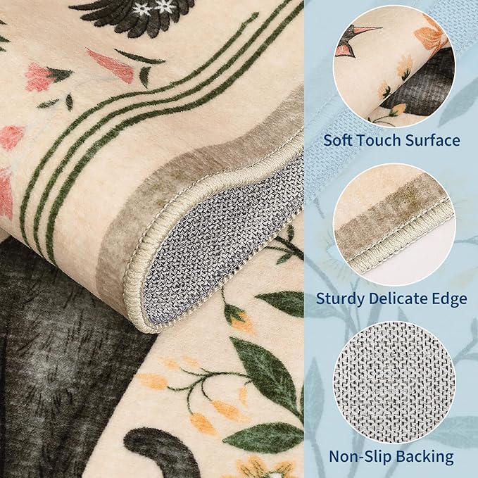 GarveeHome 5x7 Cat Area Rug Beige Washable Rugs for Living Room Bedroom, Soft Mushroom Floral Low Pile Non Slip Floor Mat Animal Print Throw Rug Indoor Carpet for Dorm Playroom Gothic Decor