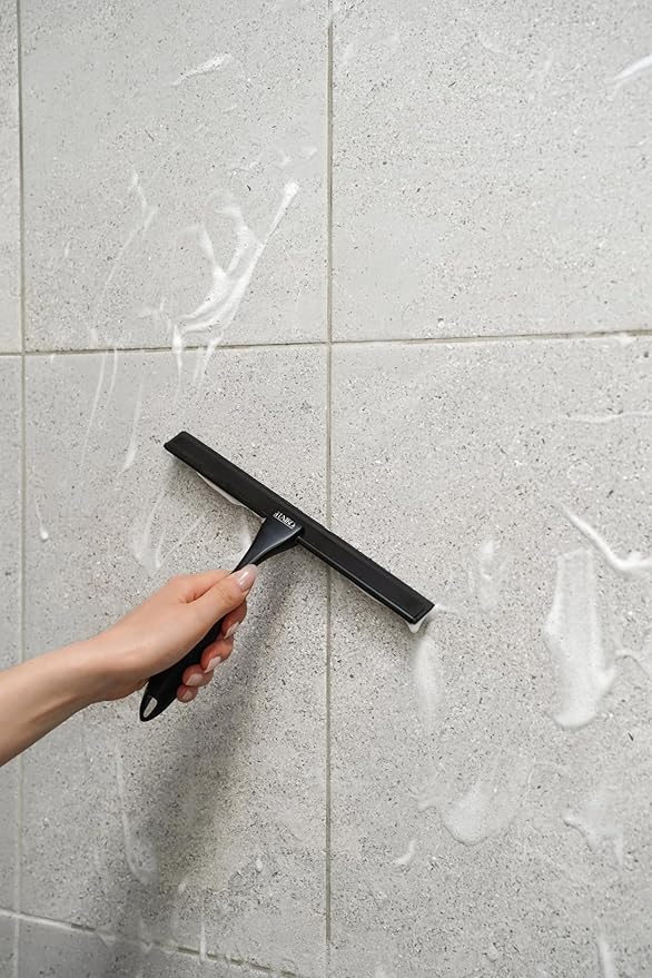 YUNIKO Shower Squeegee – Black Stainless Steel with Silicone Blade for Shower Doors, Windows, Mirrors, Tiles & Car Windows – Includes 2 Adhesive Hooks, Assembly Tool & Microfiber Cloth