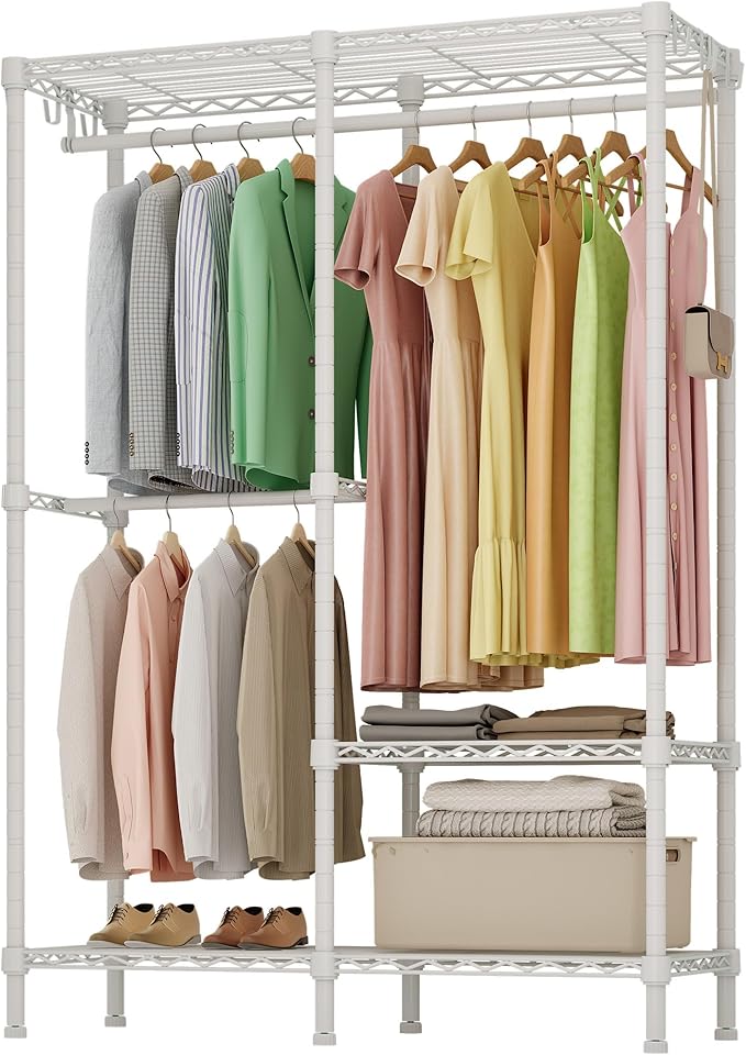 H18 Clothes Rack for Hanging Clothes, Heavy Duty Garment Rack, Portable Closet with Adjustable Shelves, Freestanding Wardrobe Closet for Bedroom Storage, White
