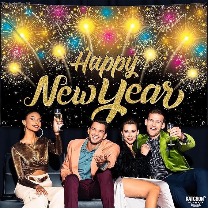 KatchOn, XtraLarge Happy New Year Banner - 72x44 Inch | Happy New Year Backdrop for New Years Decorations 2026 | NYE Eve Banner for NYE Decorations 2026 | New Years Eve Party Supplies 2026
