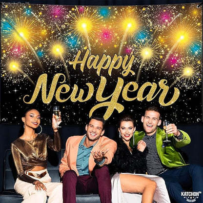 KatchOn, XtraLarge Happy New Year Banner - 72x44 Inch | Happy New Year Backdrop for New Years Decorations 2026 | NYE Eve Banner for NYE Decorations 2026 | New Years Eve Party Supplies 2026