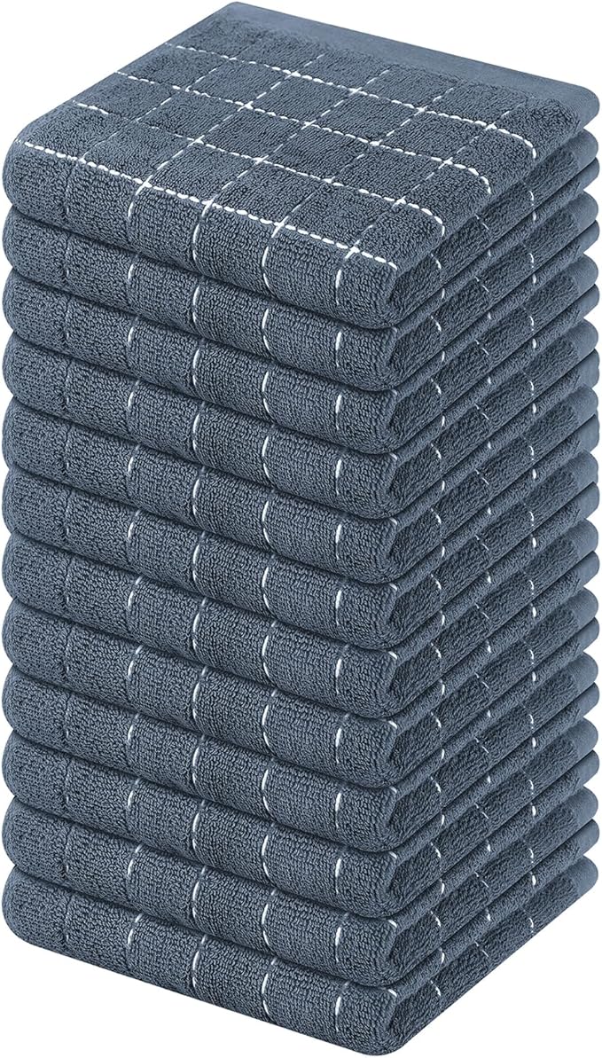 Mordimy 100% Cotton Terry Cloth Dish Cloths, Soft and Absorbent Checkered Dish Towels, Quick Drying Dish Rags for Washing Dishes, 12 Pack, 12 x 12 Inches, Grey