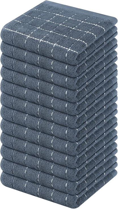 Mordimy 100% Cotton Terry Cloth Dish Cloths, Soft and Absorbent Checkered Dish Towels, Quick Drying Dish Rags for Washing Dishes, 12 Pack, 12 x 12 Inches, Grey