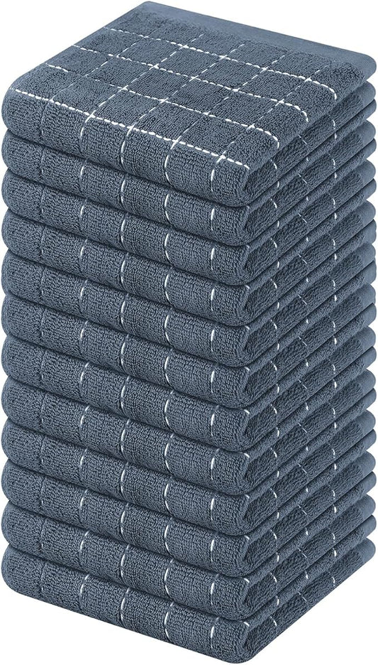 Mordimy 100% Cotton Terry Cloth Dish Cloths, Soft and Absorbent Checkered Dish Towels, Quick Drying Dish Rags for Washing Dishes, 12 Pack, 12 x 12 Inches, Grey