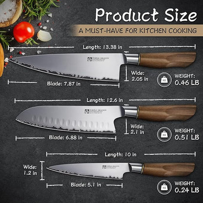 Purple Dragon Knife Set, 3Pcs Kitchen Knives Set, German VG10 Steel Japanese Chef Knife 7.8 Inch Santoku Knife 7 Inch Utility Knife 5.1 Inch, Razor-Sharp Knives with Gift Box