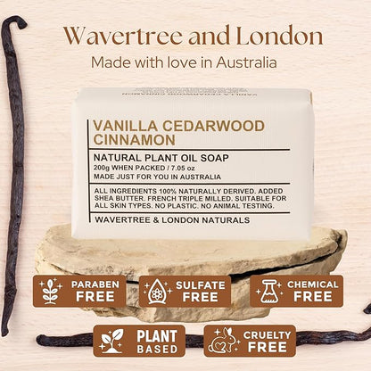 Wavertree & London Vanilla, Cedarwood, & Cinnamon Scented 100% Natural Soap Bar, 7oz Moisturizing French Triple Milled Soap Bar for Women & Men, Pure Bath & Body Soap (1 Bar)