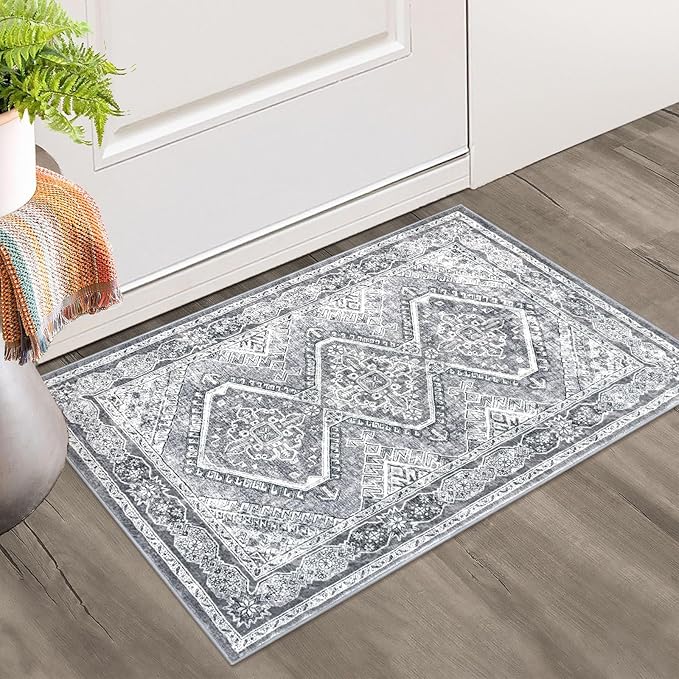 KUTA Rugs for Entryway Oriental Small Washable Area Rug 2x3 Grey Non-Slip Ultra Soft Printed Vintage Distressed Tribal Low-Pile Indoor Door Mat Carpet for Entrance Bedroom Kitchen