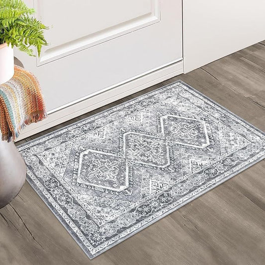KUTA Rugs for Entryway Oriental Small Washable Area Rug 2x3 Grey Non-Slip Ultra Soft Printed Vintage Distressed Tribal Low-Pile Indoor Door Mat Carpet for Entrance Bedroom Kitchen