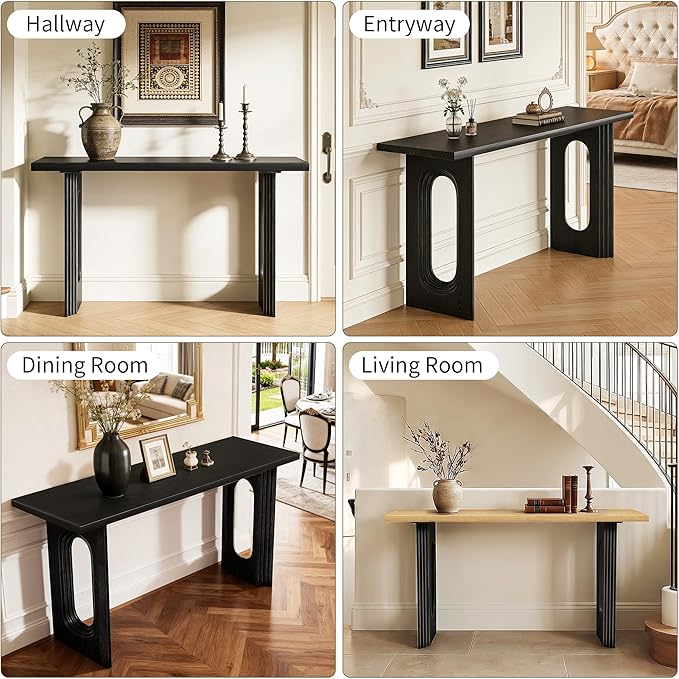 59.2" Entryway Table,Fluted Console Table Modern Farmhouse,Widen Sofa Tables Behind The Couch,Wooden Side Console Table Hollow Support Legs for Living Room/Hallway/Entry Way/Foyer Black