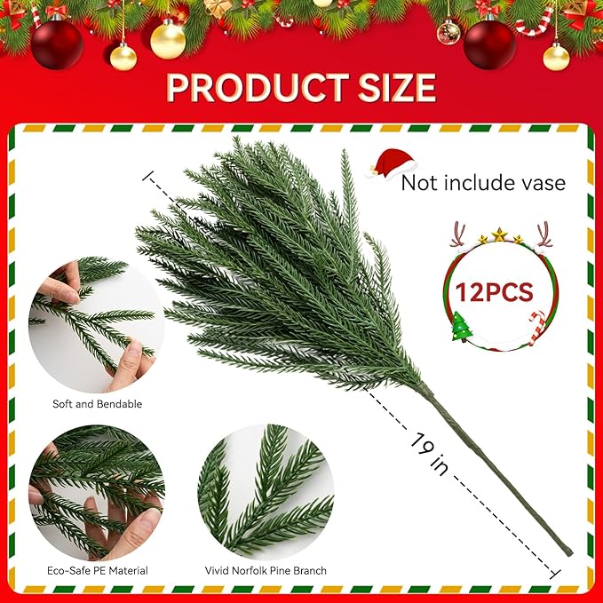Christmas Decor Norfolk Pine Stems, 12 Pcs Artificial Pine Branches, Realistic Faux Greenery Stems, 19-Inch Pine Picks for Christmas Decorations, DIY Crafts, Wedding & Home Accents (No vase)