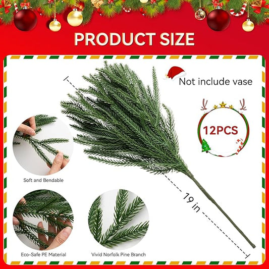Christmas Decor Norfolk Pine Stems, 12 Pcs Artificial Pine Branches, Realistic Faux Greenery Stems, 19-Inch Pine Picks for Christmas Decorations, DIY Crafts, Wedding & Home Accents (No vase)