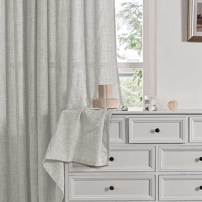 YoungsTex Light Grey Linen Curtains 90 Inch Length for Living Room, Textured Semi Sheer Window Treatments Light Filtering with Bronze Grommet for Sliding Door Dining Bedroom, 2 Panels, 52 X 90 Inch