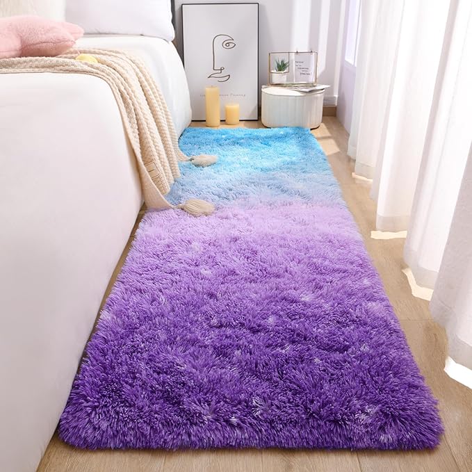DweIke Luxury Shaggy Runner Rugs for Bedroom, 2x6 Feet Fluffy Runners Carpet for Girls Boys Kids, Non-Slip Extra Comfy Plush Bed Beside Rug for Living Room Nursery Home Decor, Purple and Blue