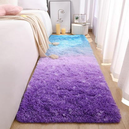 DweIke Luxury Shaggy Runner Rugs for Bedroom, 2x6 Feet Fluffy Runners Carpet for Girls Boys Kids, Non-Slip Extra Comfy Plush Bed Beside Rug for Living Room Nursery Home Decor, Purple and Blue