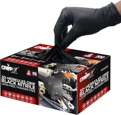 Herkules Grip Heavy Duty 8Mil Black Nitrile Gloves,3D Raised Diamond Texture-Latex & Powder-Free Industrial, Mechanic