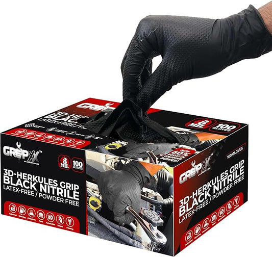 Herkules Grip Heavy Duty 8Mil Black Nitrile Gloves,3D Raised Diamond Texture-Latex & Powder-Free Industrial, Mechanic