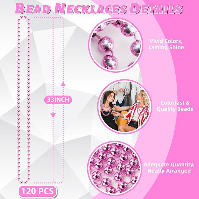 YAXINRUI 120 PCS Pink Bead Necklace, Pink Mardi Gras Beads, Cancer Awareness Beaded Necklaces, Valentine Necklace, 33 Inch Round Party Beads for Mardi Gras Christmas Cancer Awareness Month Events
