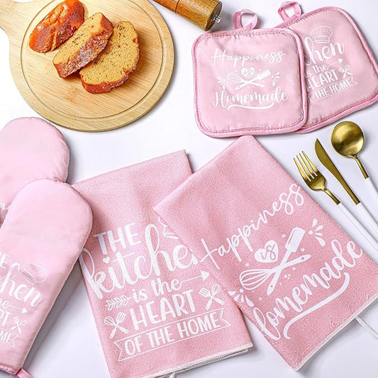 Sratte 6 Pcs Kitchen Decor Accessories Set Farmhouse Towels Pot Holders Oven Mitts Set 2 Dish Towels 2 Potholders 2 Cooking Mittens Oven Glove for Christmas Baking Cooking Supply(Pink,Kitchen)