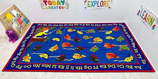 Lazy River Fishing Kid's Rug, 7'6" x 12', Multicolored, Educational Classroom Rug, Kids Learning Play Mat | Area Rug for Bedroom or Playroom