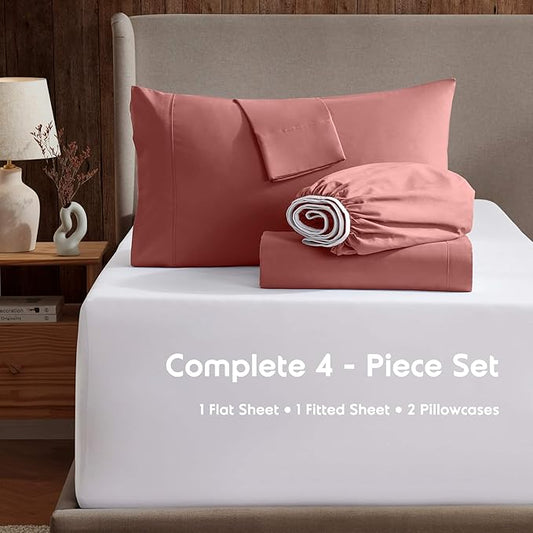 Nestl Queen Sheet Set - Luxury 1800 Ultra-Soft Microfiber Bed Sheets - Double Brushed - Deep Pockets - Easy Fit - 4 Piece Set - Bedding Sheets & Pillowcases (Queen, Pink Clay)