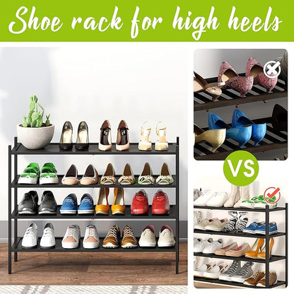 BMOSU 4-Tier Bamboo Extended Shoe Rack Premium Stackable Shoe Shelf Storage Organizer for Hallway Closet Living Room Entryway Organizer(Black)