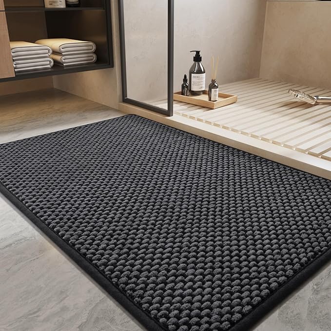 PADOOR-Bath Mat-Super Absorbent Chenille Bathroom Mats-Rubber Backed Bath Mats for Bathroom Non Slip, Easy Clean Bathroom Rugs Front of Bathtub,Shower Room,Sink-24×36, Darkgrey&Black