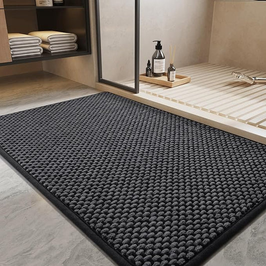 PADOOR-Bath Mat-Super Absorbent Chenille Bathroom Mats-Rubber Backed Bath Mats for Bathroom Non Slip, Easy Clean Bathroom Rugs Front of Bathtub,Shower Room,Sink-24×36, Darkgrey&Black