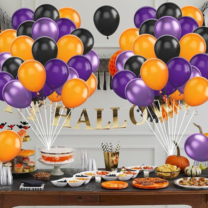 FunHot Halloween Party Balloons, 60Pcs Black Purple Orange Balloons, 12 Inch Metallic Purple Black Latex Balloons Purple Orange Party Balloons Helium for Kids Halloween Birthday Decorations Indoor