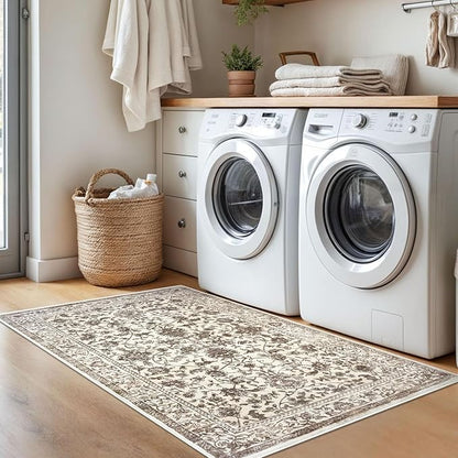 KILOCOCO Area Rug 3x5 Entryway Rug Washable Printed Vintage Floral Rubber Backed Non Slip Indoor Kitchen Rugs for Living Room Laundry Room Playroom Mudroom Moroccan Area Rugs, Beige/Brown