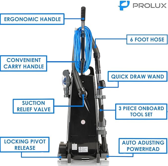 Prolux 8000 Commercial Upright Vacuum with On Board Tools, Bagged Vacuum Cleaner, Commercial Vacuum, HEPA Filter, Floor Selector Switch, 12-Amp Amtek Motor, 107 CFM Suction Power