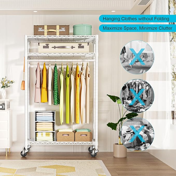 P3 Rolling Clothes Rack, Clothing Racks for Hanging Clothes, Heavy Duty Garment Rack with Wheels, Freestanding Portable Closet Organizer 39.4''W x 14''D x 78.5''H, Max Load 464 LBS, White